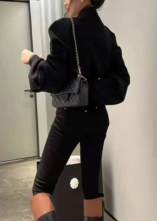 Design Sense Black Denim Patchwork Fake Two Piece Top Autumn