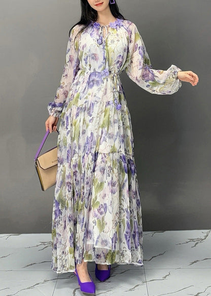 Purple Lace Up Print Chiffon Fall Long Dress