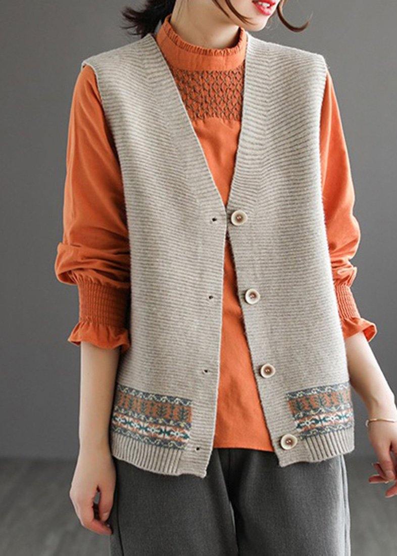 Chunky Khaki Knit Cardigans Spring V Neck Sleeveless Knitted Coat