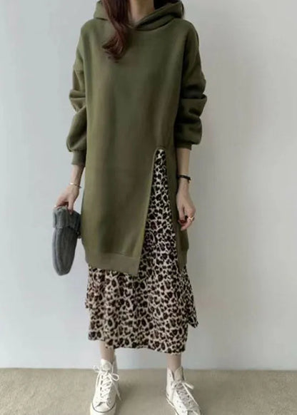 Loose Green Hooded Patchwork Leopard False Two Pieces Warm Fleece Dress Long Sleeve