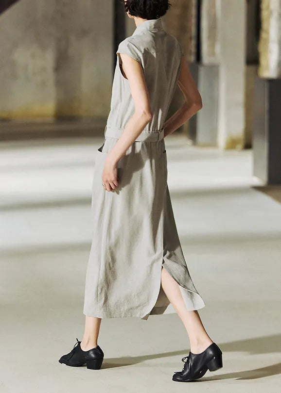 New Stand Collar Pockets Cotton Long Dresses Summer