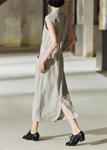 New Stand Collar Pockets Cotton Long Dresses Summer