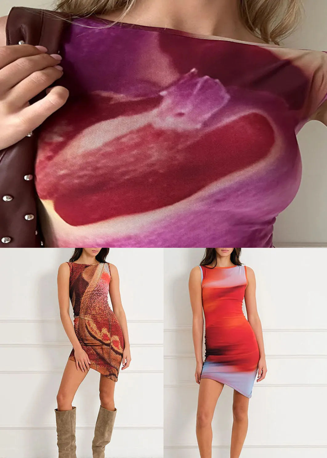 Purple Print High Waist Summer Dresses O Neck