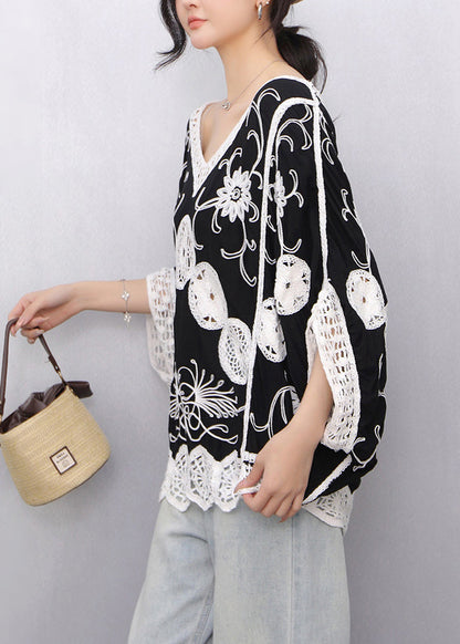 Black Print Hollow Out Tanks Batwing Sleeve