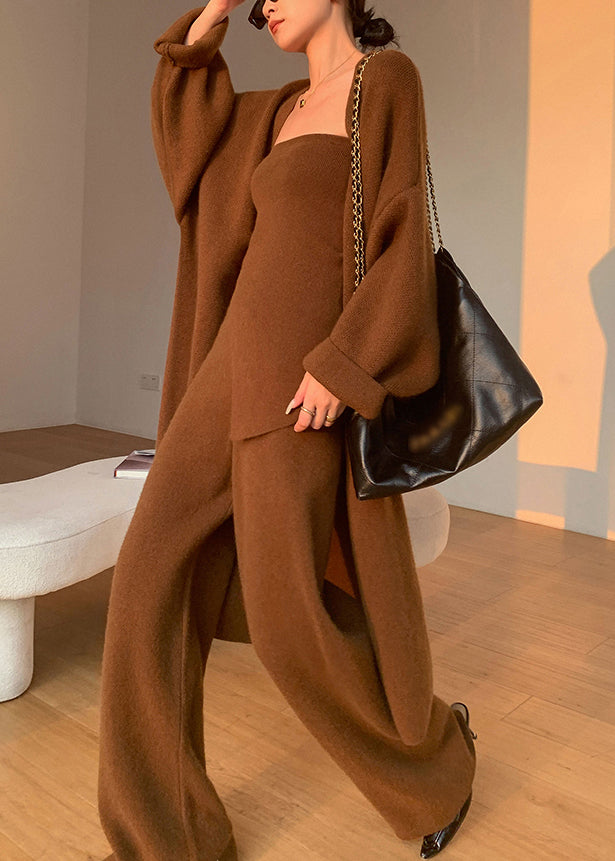 Caramel V Neck Asymmetrical Patchwork Knit Three Pieces Set Fall