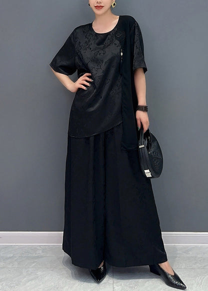 New Chinese Style Silk Jacquard Top and Wide Leg Pants Two Piece Set