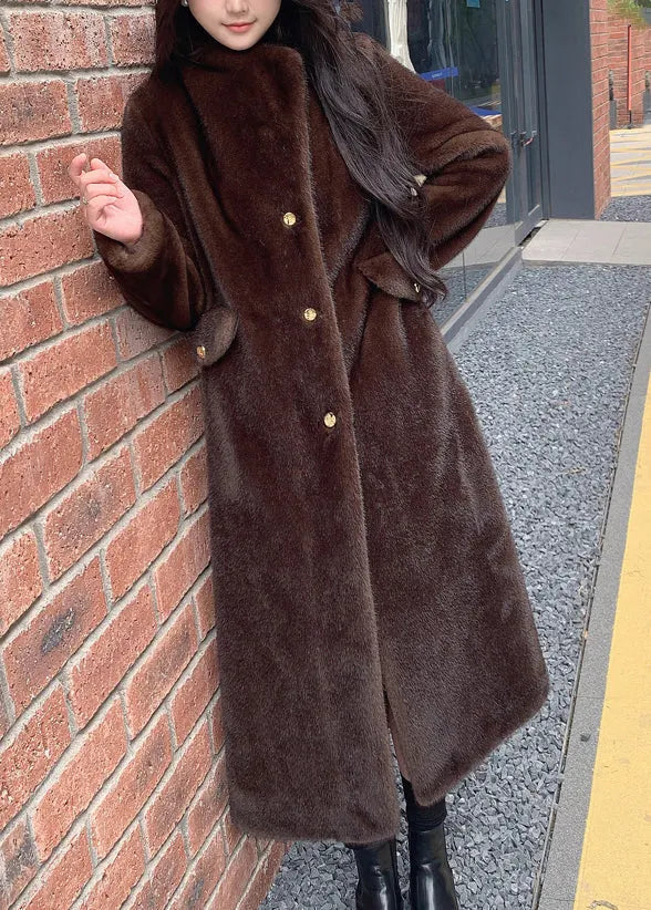 Beige Notched Button Thick Leather and Fur Long Coats Winter