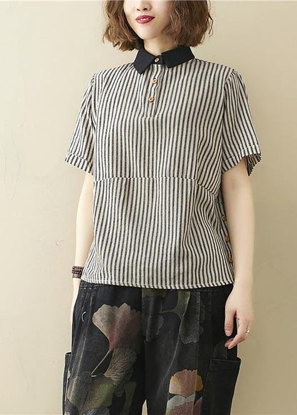 French Black Striped Turn-down Collar Linen Summer Top