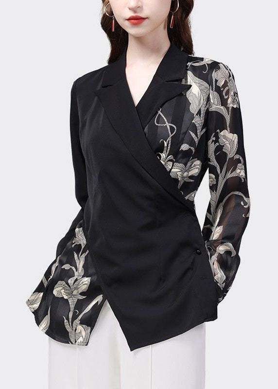 Black Peter Pan Collar Patchwork Print Chiffon Shirt Top Spring