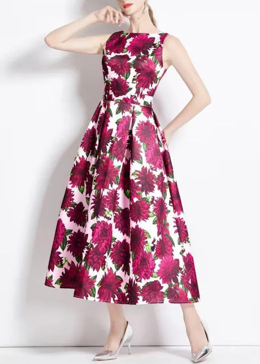 Red Print High Waist Cotton Long Dresses Sleeveless