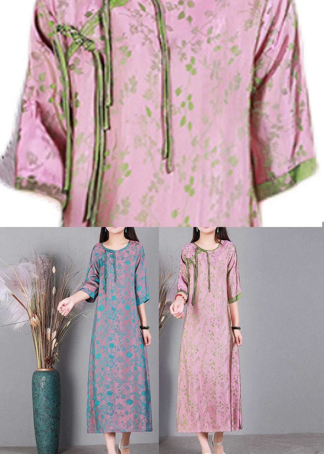 Blue O-neck Print Side Open Silk Dress Half Sleeve