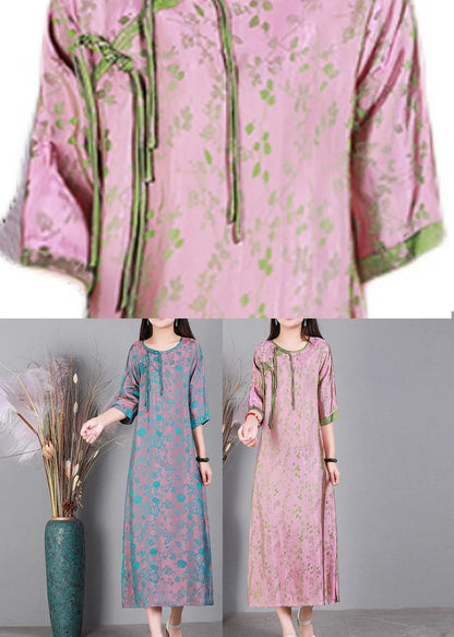 Blue O-neck Print Side Open Silk Dress Half Sleeve