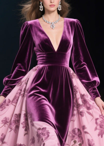 Colorblock Print Lace Silk Velvet Long Dresses Spring