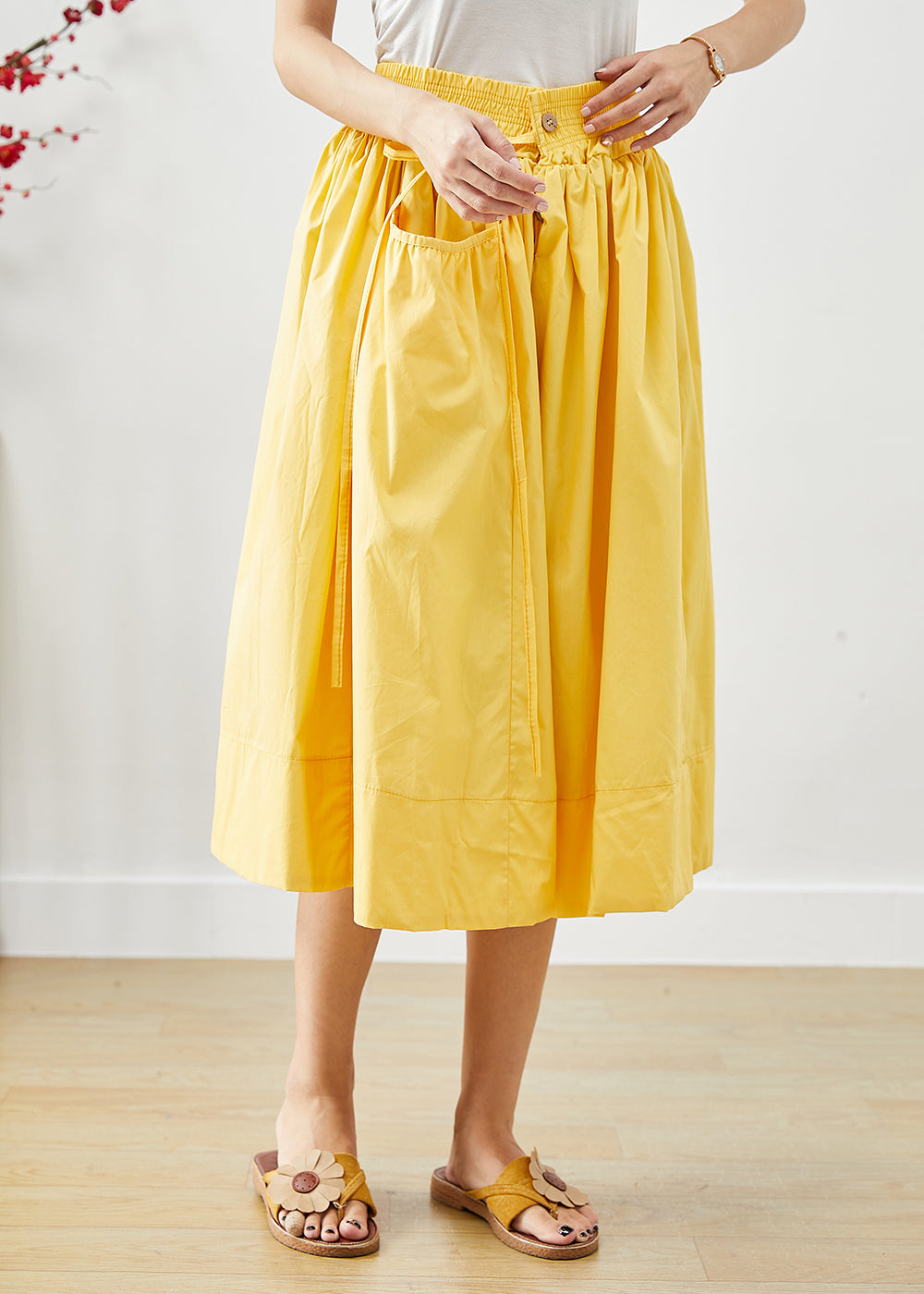 Yellow Elastic Waist Lace Up Cotton Skirts Fall
