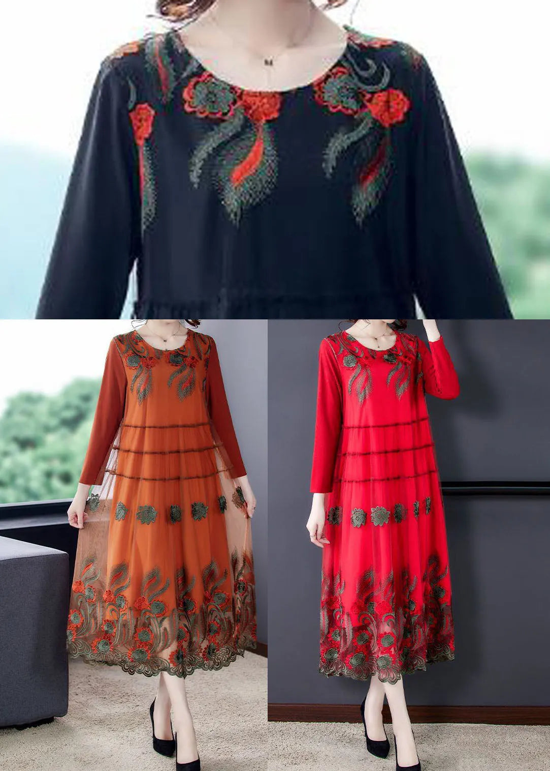 Red Tulle Long Dresses O-neck Embroideried Spring