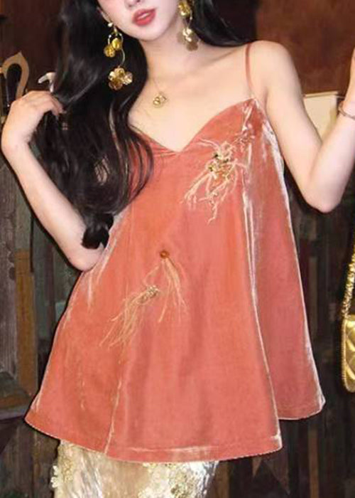 Orange V Neck Feather Nail Bead Silk Velour Spaghetti Strap Tank Sleeveless