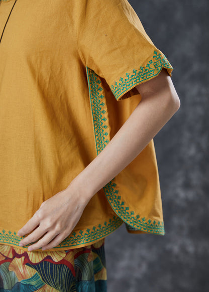 Yellow Oversized Print Linen Two Pieces Set Summer
