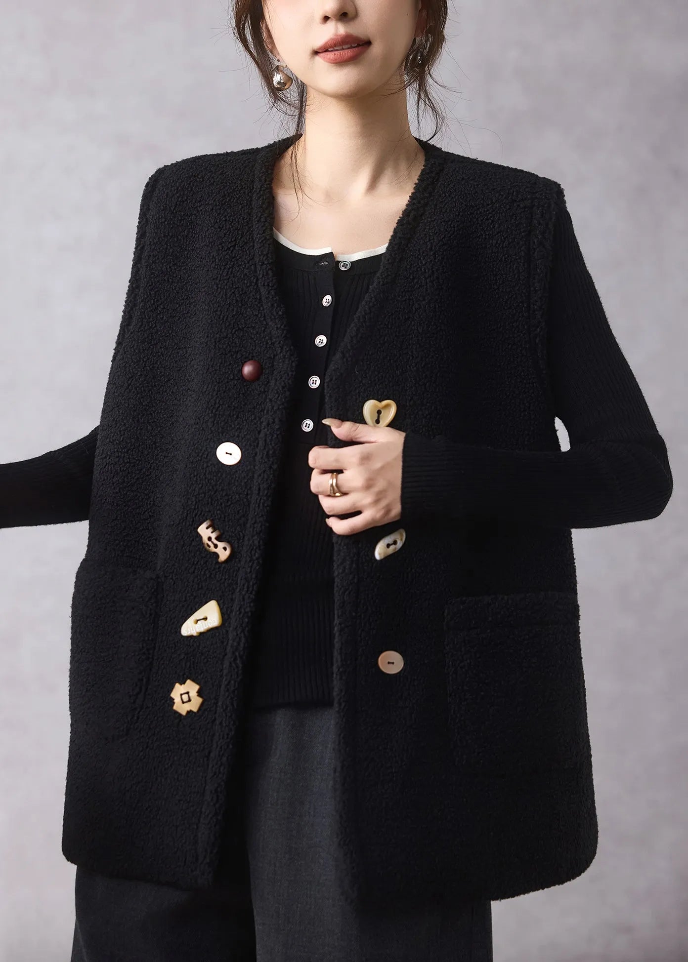 Black Button Faux Fur Waistcoat V Neck Sleeveless