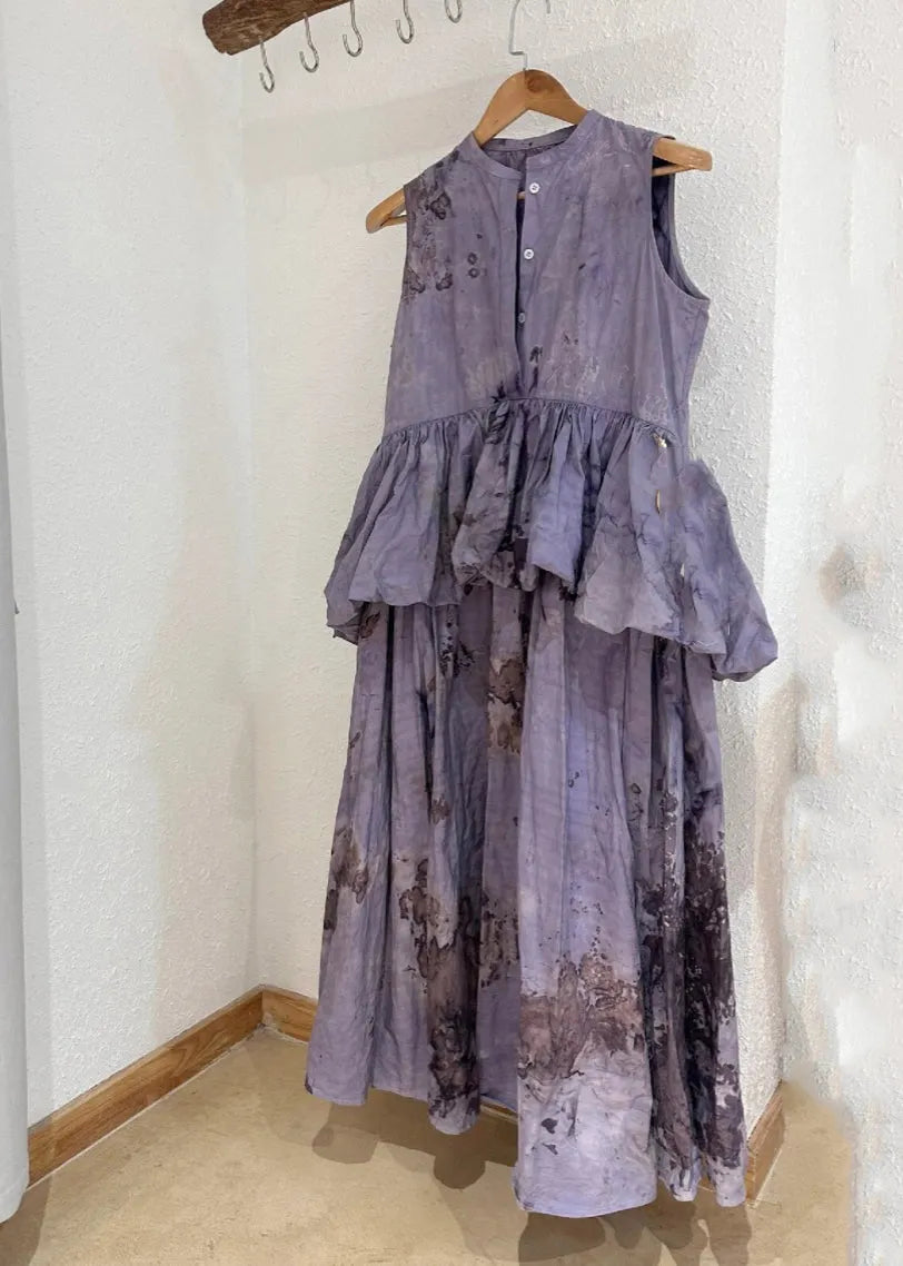 Purple O-neck Ruffled Patchwork Wrinkled Maxi Dresses Summer