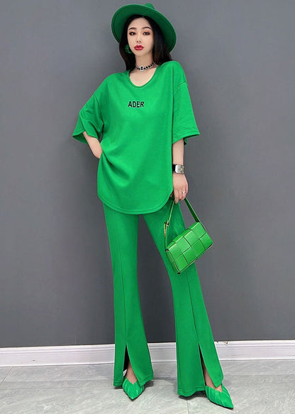 Fine Green O-neck Side Open Letter Print Cotton Tanks and Flare Pants Two-piece Set Summer