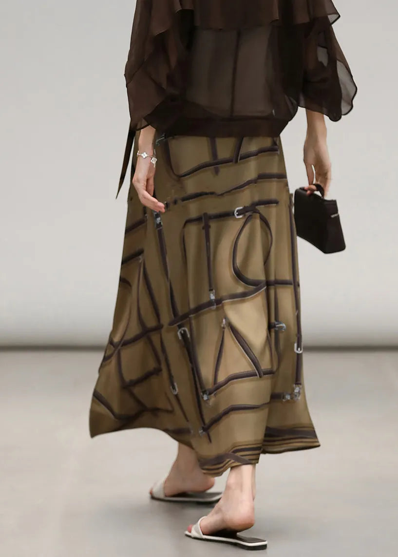 Loose Print Lace Up High Waist Silk Skirt Summer