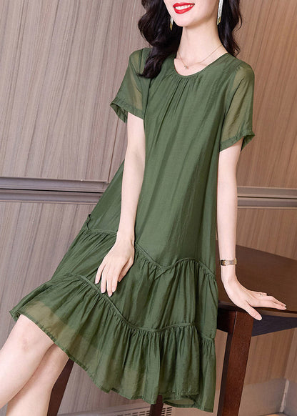 Boutique Blackish Green O-neck Ruffles Cinched Vacation Dresses Short Sleeve