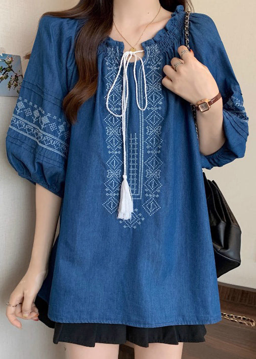 Navy Ruffled Embroidered Cotton Blouses Bracelet Sleeve
