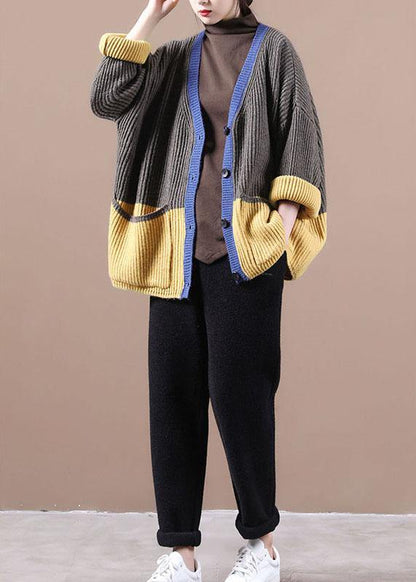 Dark Grey Pockets Colorblock Button Fall Sweater Jackets