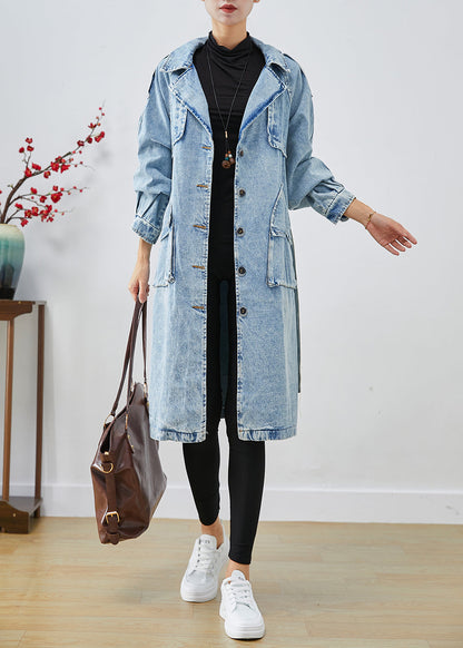 Light Blue Lapel Patchwork Denim Trench Coats Fall