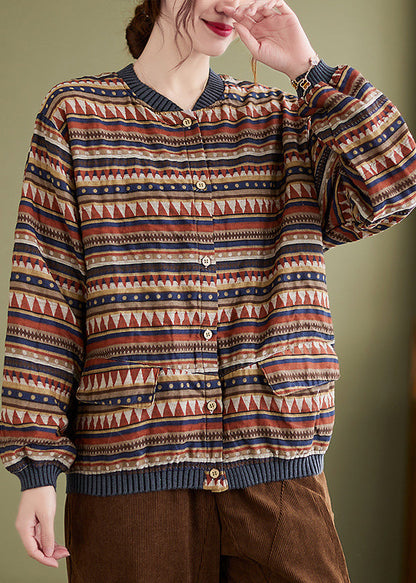 Chocolate Stand Collar Pockets Print Coat Long Sleeve