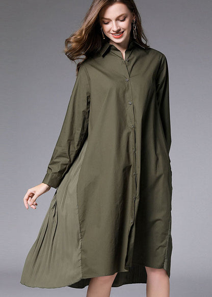 Army Green Wrinkled Cotton Vacation Shirts Dresses Peter Pan Collar Spring