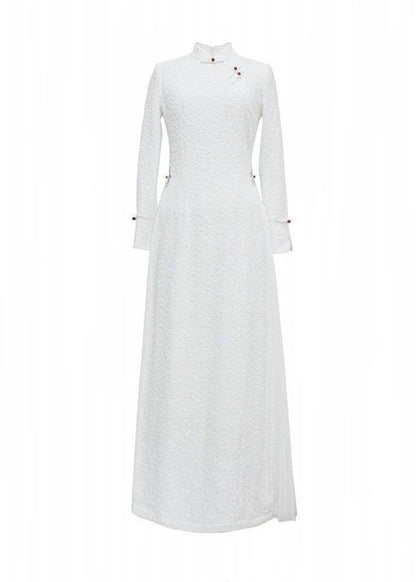 Diy White Stand Collar Patchwork Wrinkled Button Cotton Maxi Dresses Long Sleeve