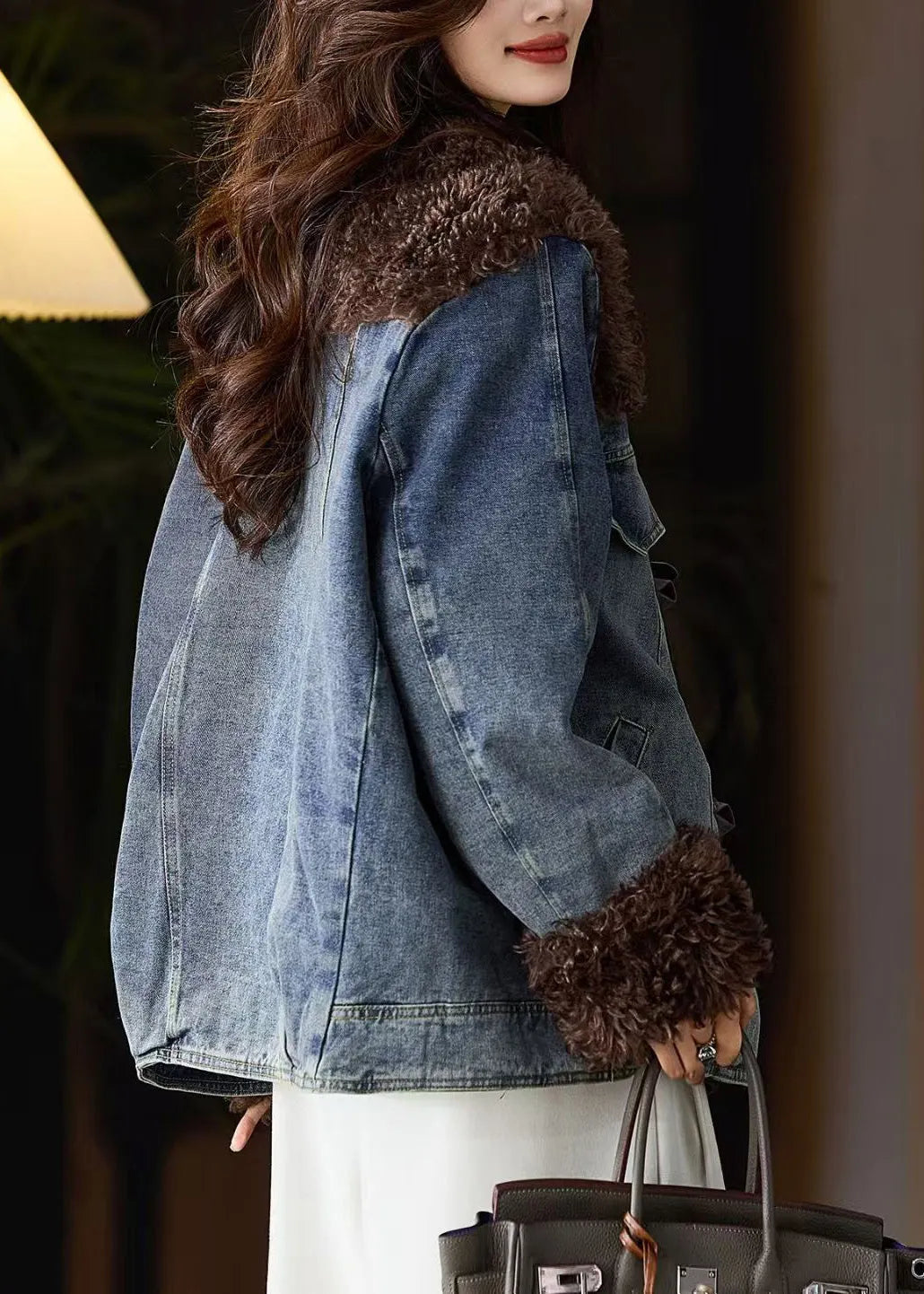 Blue Fur Patchwork Denim Fine Cotton Filled Jacket Winter