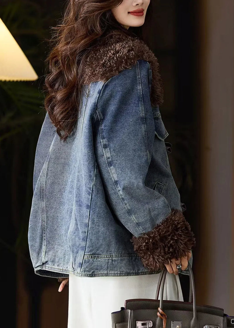 Blue Fur Patchwork Denim Fine Cotton Filled Jacket Winter