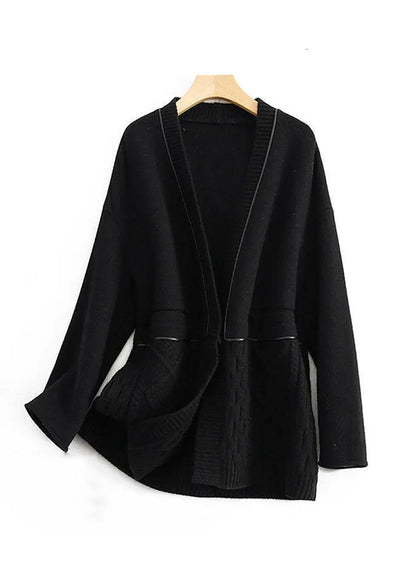Black V Neck Button Knit Patchwork Woolen Coats Long Sleeve