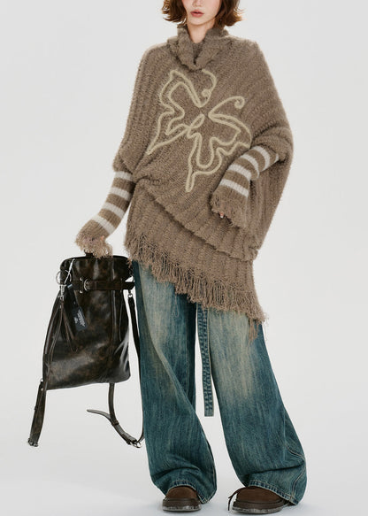 Unique Khaki Turtle Neck Tasseled Knitted Tops Batwing Sleeve Winter