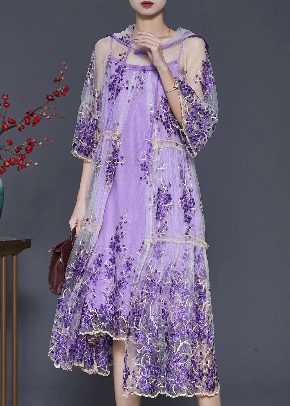 Purple Embroidered Tulle Dress Two Pieces Set Summer