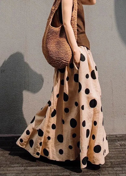 Khaki Dot Print Elastic Waist a Line Cotton Skirt Summer