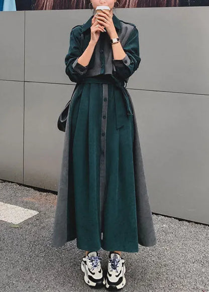 Blackish Green Patchwork Tie Waist Velour Sets 2 Pieces Fall