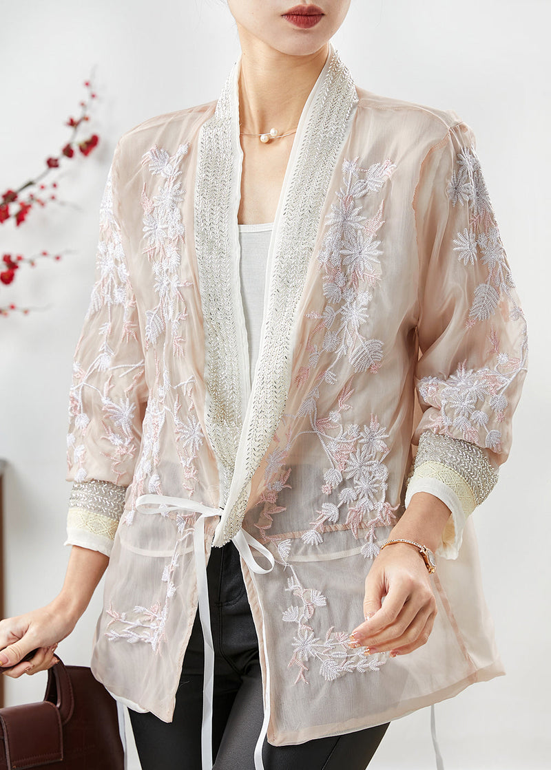 Apricot Embroidered Silk Cotton Cardigan Summer