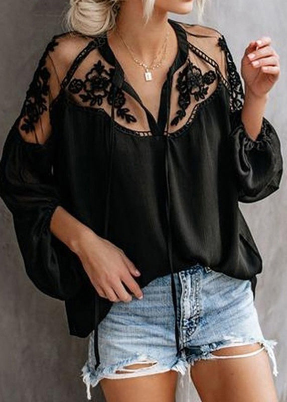 Black V Neck Chiffon Tops Lantern Sleeve