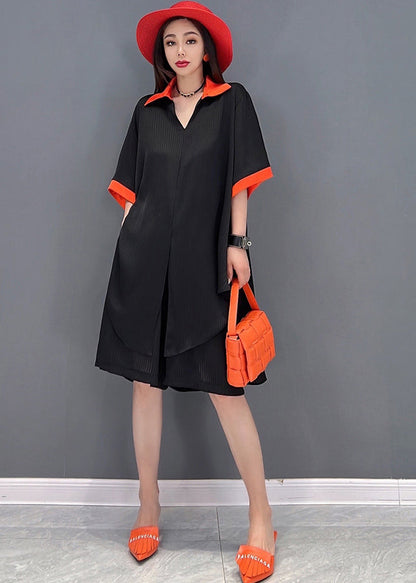Black Peter Pan Collar Patchwork Chiffon Long Shirt and Shorts Two Pieces Set Summer