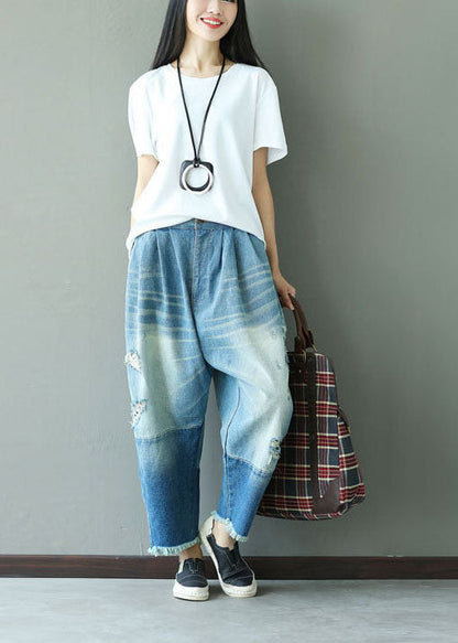 Denim Blue Elastic Waist Oversized Patchwork Cotton Harem Pants Ripped Jeans Spring