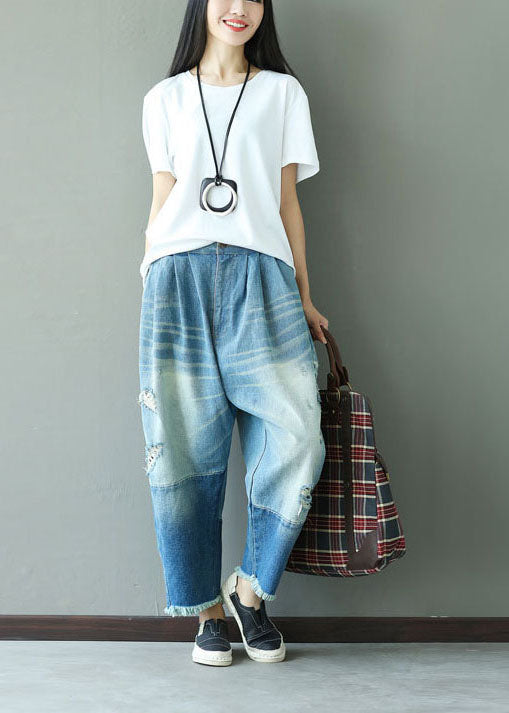Denim Blue Elastic Waist Oversized Patchwork Cotton Harem Pants Ripped Jeans Spring
