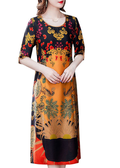 Yellow O-neck Print Silk Dress Half Sleeve