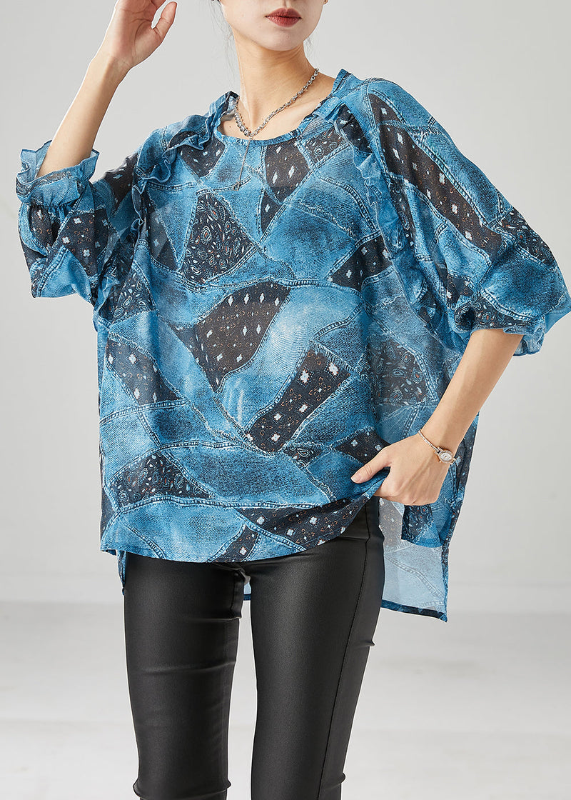 Blue Ruffled Print Chiffon Tanks Fall