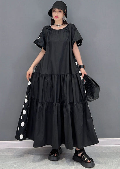 Loose Black O-neck Wrinkled Wear on Both Sides Cotton Long Dress Short Sleeve