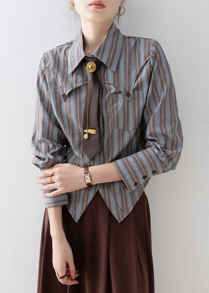 Peter Pan Collar Striped Cotton Shirts Top Spring