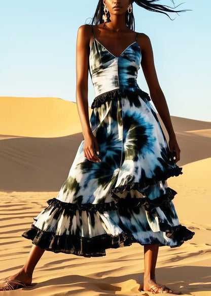 Ruffled Patchwork Tie Dye Cotton Cami Dress Summer