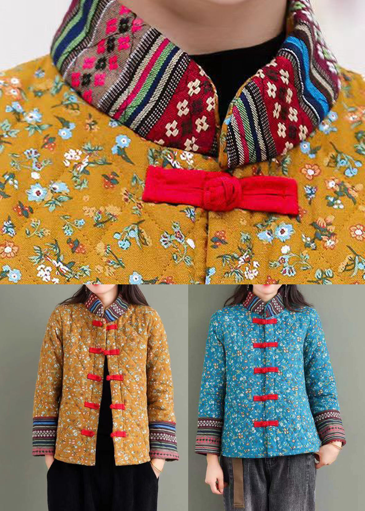 Yellow Stand Collar Print Fine Cotton Filled Puffers Jackets Winter